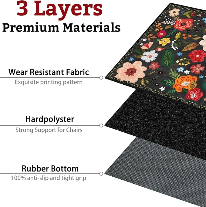 Office Chair Mat for Hardwood & Tile Floor,Boho Floral 60"x48" Office Computer Chair Mat for Rolling Chairs,Under Desk Non Slip Gaming Rug,Rubber Backing Large Low-Pile Carpet Protector Mat(Black) - Image 3