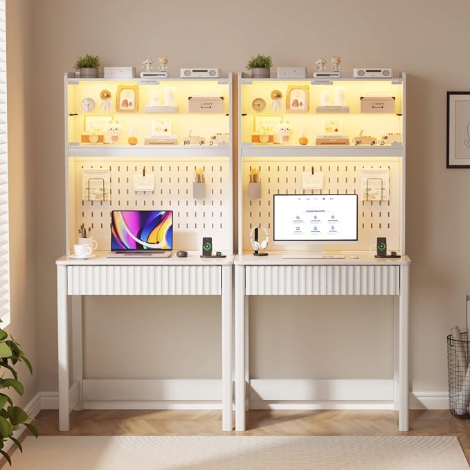 Lvifur LED Writing Desk with Hutch and Pegboard and Power Outlet (White) | Compact Study Desk with Display Shelf, 3 Color Lights, Adjustable Brightness, USB/Type-C&2 AC Outlets, Drawer wtih Metal Rail - Image 9
