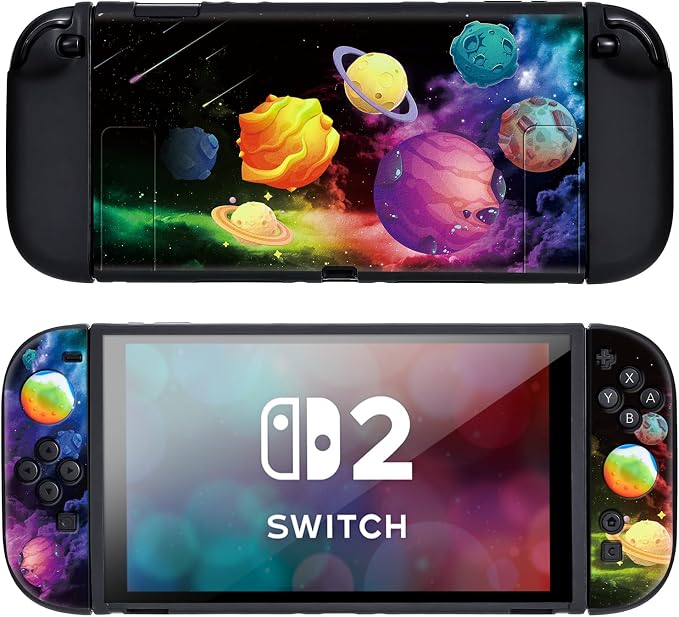 DLseego Protective Soft Case for Nintendo Switch 2 (2025), Soft Grip Cover for Handle, Detachable Joy-C Controller Shockproof & Scratch-Resistant Console Shell, 2 Thumb Grips, Planets - Colourful 3 by DLseego