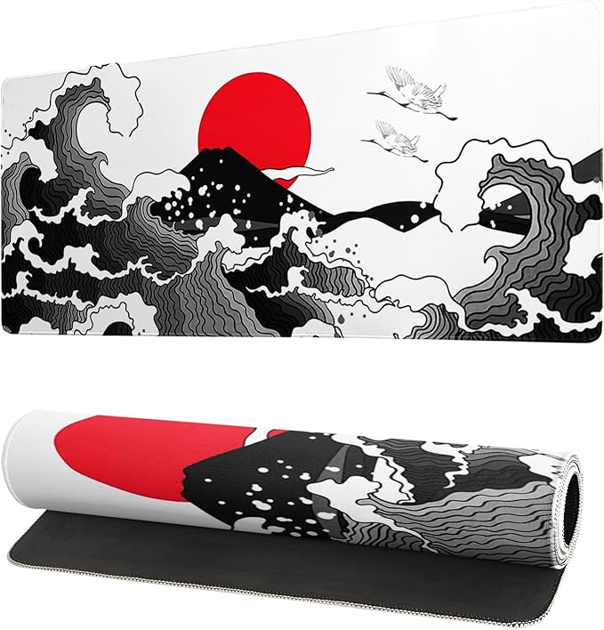 Japanese Red and Black Wave Gaming Mouse Pad Extended Large Mouse Mat Desk Pad Sea Texture Non-Slip Rubber Base Wave Mousepad Stitched Edges Keyboard Desk Pad for Office Home Game 27.6x11.8 Inch by Siski