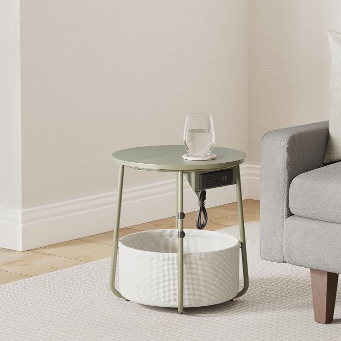 VASAGLE Side Table with Charging Station,Fabric Basket, Round End Table - Image 2