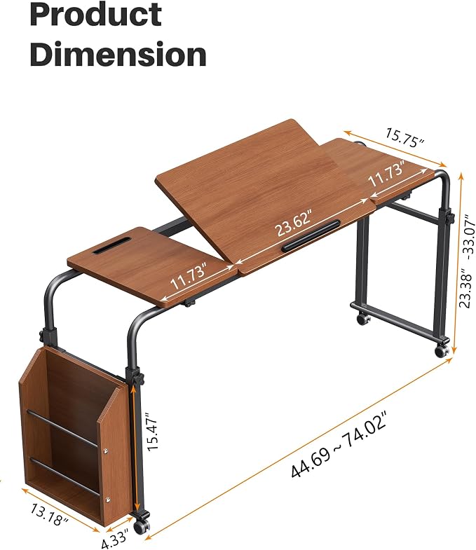 Laptop Desk for Bed,6-Angle Adjustable Overbed Table with Wheels,Adjustable Height and Length Bed Table for Laptop with Side Bookshelf,Standing Desk,Over Bed Desk for Working Hospital Home (Oaken) - Image 2