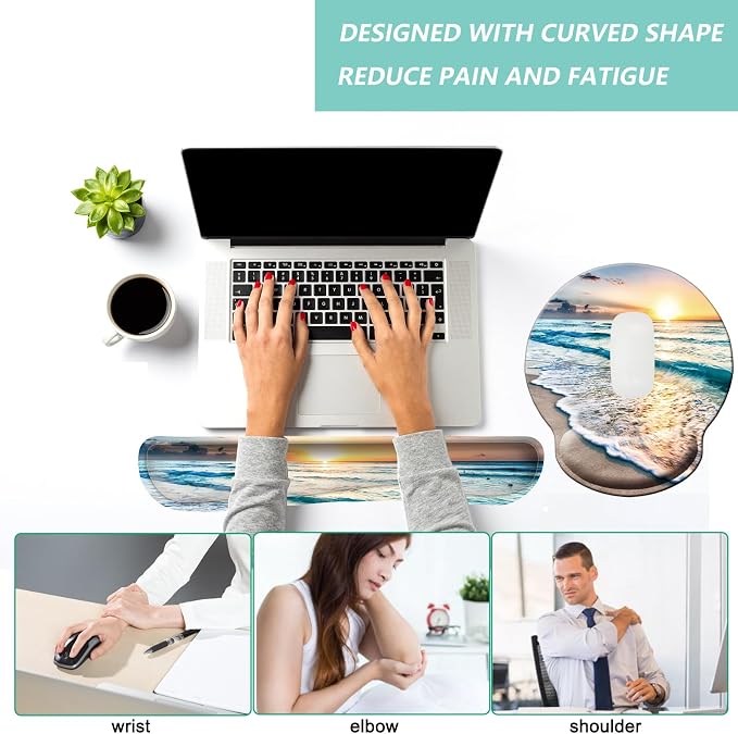 Keyboard Wrist Rest Pad Mouse Pad with Wrist Support Set of 3, Mousepad with Non-Slip Rubber Base, Ergonomic Memory Foam Mouse Wrist Cushion Support for Home Office Laptop Computer Gaming, Beach - Image 5