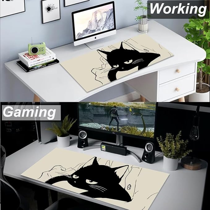 Gaming Mouse Pad XL Extended Anime Mouse Pad 31.5x11.8 inch, Large Cute Kawaii Big Computer Mouse Mat Desk Pad with Non-Slip Rubber Base and Stitched Edge for Home Office-Black Cat - Image 5