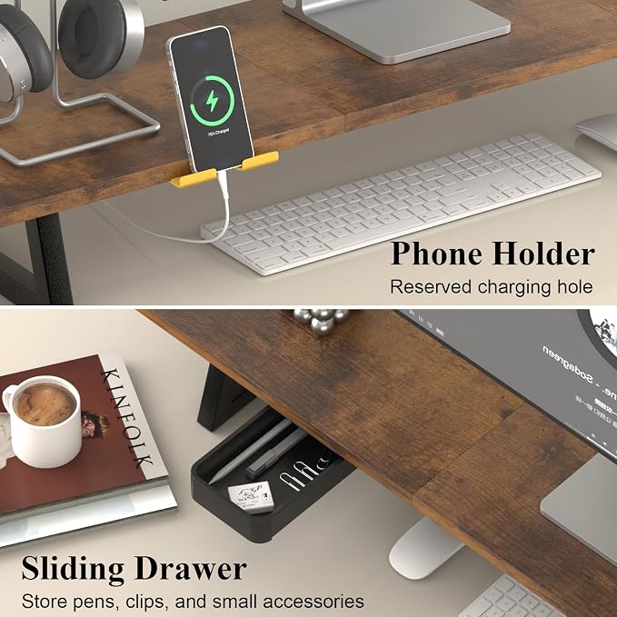 TEAMIX 39.4 inch Dual Monitor Stand Riser with Drawer & Phone Holder, Brown | For Computer, Laptop,Printer, Wood & Steel, Holds 100 lbs, Keyboard Storage Underneath, For Home Office Gaming Organization - Image 6