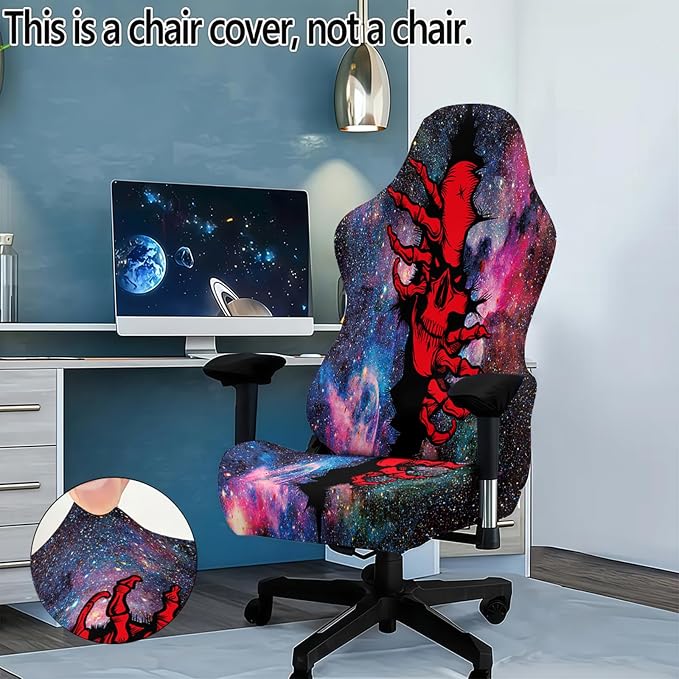 Blacklight Gaming Chair Cover – UV Reactive Esports Chair Protector with Neon Skull Galaxy Design, Stretchable Washable Slipcover for Office & Gaming Chairs - Image 2
