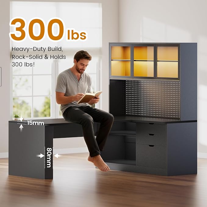 SEDETA L Shaped Corner Gaming Desk with 3 Wood Drawer and Large Bookshelf | L Shaped Computer Desk with LED Light, Display Cabinet and Pegboard for Home Office, 27.5" W Large Desktop Table, Black - Image 9