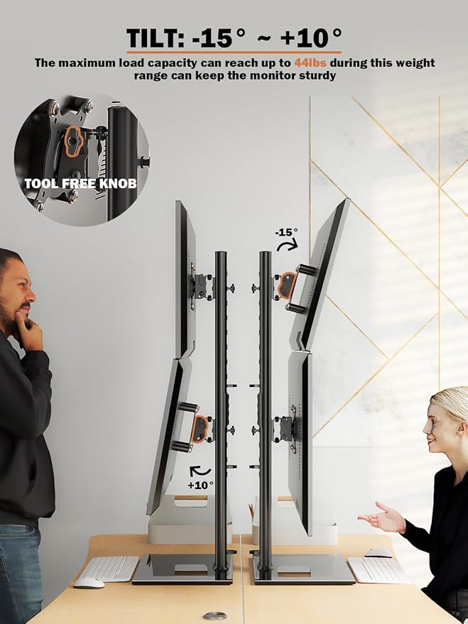 Dual Monitor Stand - Vertical Stack Screen Free-Standing Monitor Riser Fits Two 13 to 34 Inch Screen with Swivel, Tilt, Height Adjustable, Holds One (1) Screen Up to 44Lbs - Image 4