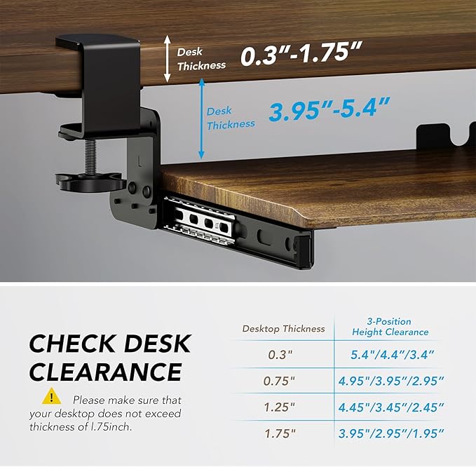 AX WABER Keyboard Tray Under Desk Pull Out with Extra Sturdy C Clamp Mount System, 32.8 (38 inch Including Clamps) x 12 Inch Slide-Out Platform Computer Drawer for Typing Vintage AX01WG202 - Image 4
