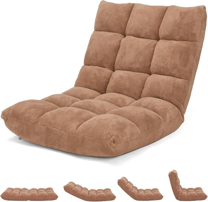 14-Position Lazy Sofa Chair with Soft Coral Fleece, Folding Gaming Chair, Couch Recliner, Floor Seat for Reading, Meditating, Yoga (Tan) by BUYNOW