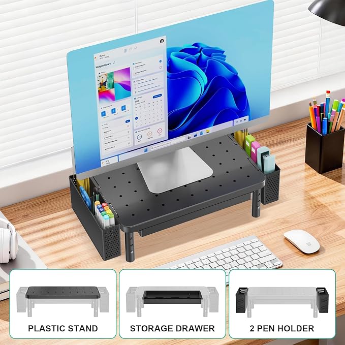 WALI Computer Monitor Stand with Storage and Pen Holder | 3 Height Adjustable Desk Organizer with Drawer, Laptop Monitor Riser for Computer, Laptop, Printer(PTT003-B), 1 Pack, Black - Image 8