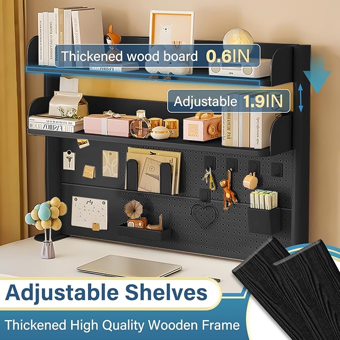 Clamp on Desk Organizer Shelf with Pegboard,Black,39.4in | Multipurpose Countertop Hutch Bookshelf, Desktop Bookshelf Storage Shelves for Home Office Dorm Gaming Desk - Image 3