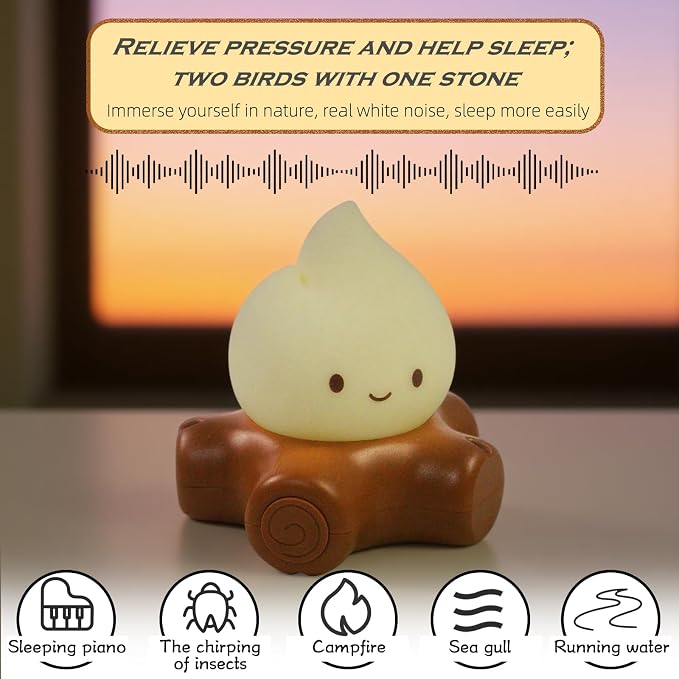 Cute Fake Campfire Lamp with White Noise, 5 Soothing Sounds & Flickering Flame Light, Rechargeable Portable Night Light for Sleep, Relaxation, Camping Decor & Gifts (White Noise Version) - Image 4