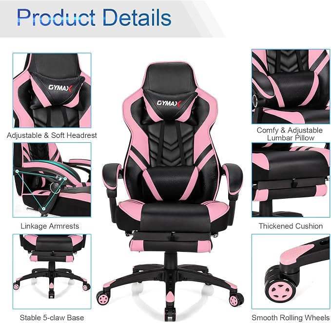GYMAX Gaming Chair, Ergonomic Computer Chair with Footrest, Linkage Armrests & Lumbar Cushion, Big Wide High Back Video Gaming Chair, Reclining Office Rolling Chair for Adult/Teens (Pink) - Image 4