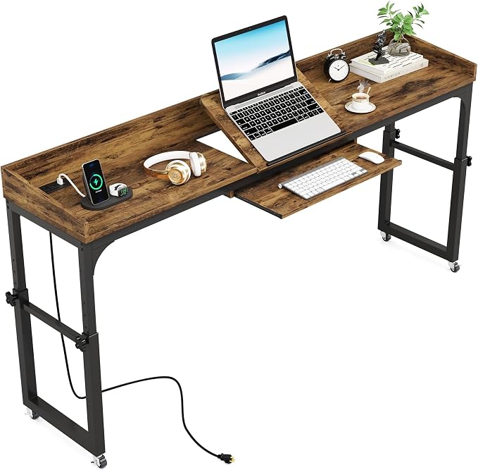 Tribesigns Height Adjustable Overbed Table with Wheels, Queen Size Over Bed Desk with Adjustable Tilt Stand, Mobile Laptop Cart Computer Desk with Outlets & USB Ports (Rustic Brown) - Image 8