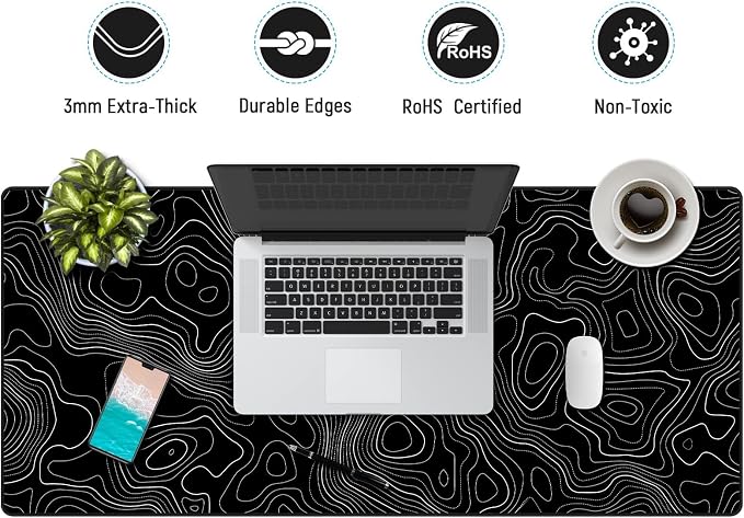 JIALONG Black Topographic Large Gaming Mouse Pad, XXL Mousepad, Big Mouse Mat Desk Pad for Keyboard and Mouse, Gaming Computer Laptop PC Desk Office Accessories - Image 5