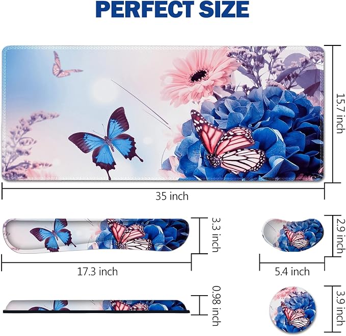 AIMSA Large Gaming Mouse Pad Set, Keyboard Wrist Rest Support Mouse Pad, Ergonomic Memory Foam Multifunctional Extended Desk Mat 35x15.7in Anti-Slip Rubber Base for Office Home, Butterfly Flower - Image 7