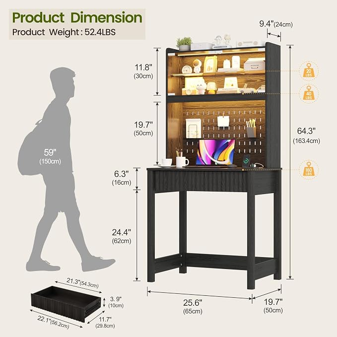 Lvifur LED Writing Desk with Hutch and Pegboard and Power Outlet (Black) | Compact Study Desk with Display Shelf, 3 Color Lights, Adjustable Brightness, USB/Type-C&2 AC Outlets, Drawer wtih Metal Rail - Image 6