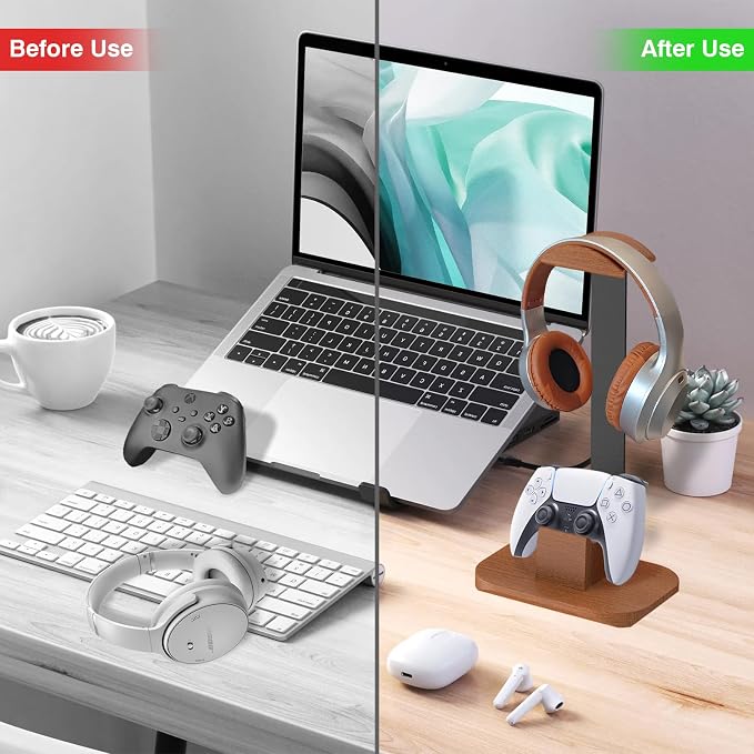 Walnut Headphone and Controller Stand, Desk Gaming Equipment Wooden Headset Controller Holder, Earphone Hook for Game Room Desktop PC Accessories, Gamer Gifts - Image 4