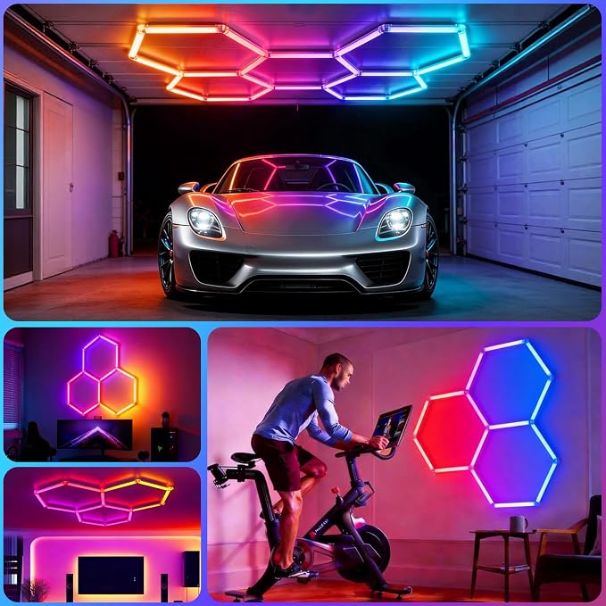 HYPERLITE Hexagon Garage Lights: Gen IV-3 Grid RGB Hexagon LED Lights with Music Sync Mode, App & Remote Control, Multi-Color Honeycomb Light for Gaming Room, Gym, Garage - Image 9