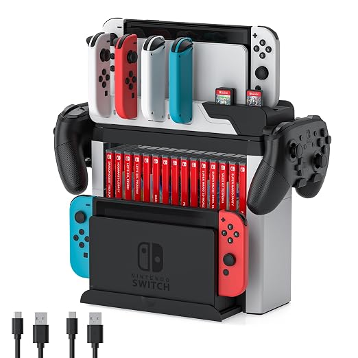 Switch Game Storage with Controller Charger for Nintendo Switch & OLED Model, MLIFEMFUL Switch Charging Dock Charges 6 Joycons, Switch Gaming Accessories Holder Desk, Switch Game Gift Card Organizer by MLIFEMFUL