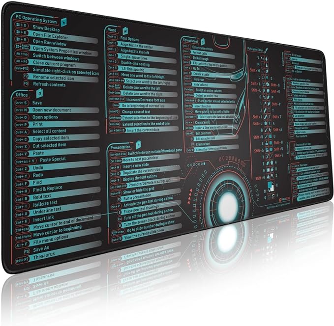 Pixiecube Windows, Office, Excel, Adobe Photoshop Shortcut Keys Extended Large Mouse Pad | Gaming Desk Mat for PC. Stitched Edge Non-Slip Base Mousepad, Keyboard Mat by PIXIECUBE