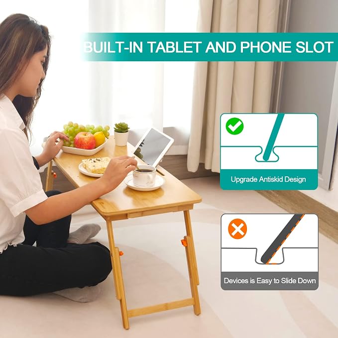 Lap Desk COIWAI Laptop Table Bamboo Writing Eating Bed Tray Adjustable Angle Height Foldable Desk Tray with Tablet Slot Drawer Breakfast Coffee Tea Table for Sofa Couch Floor Large Size - Image 3