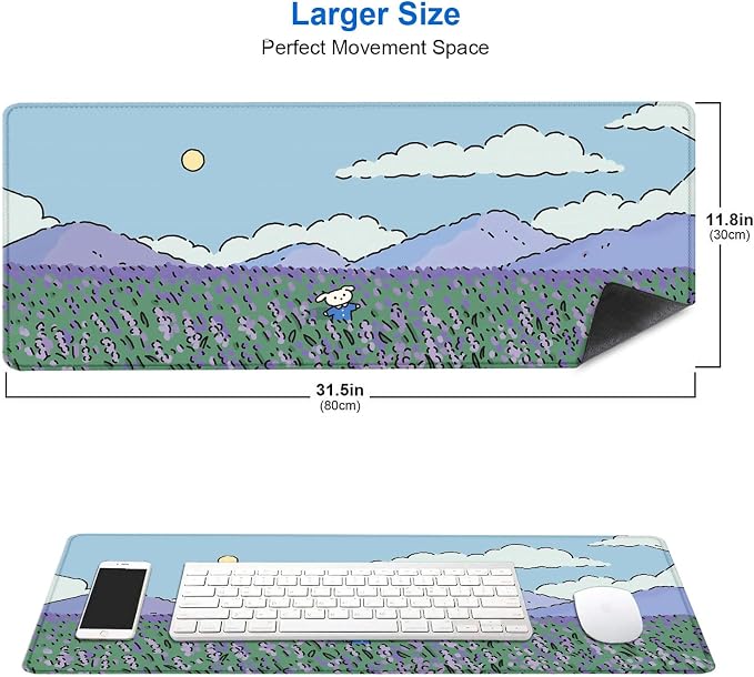 IMAYONDIA Anime Lavender Desk Mat Cute, Green Purple Blue XL Large Gaming Mouse Pad for Laptop, Kawaii Landscape Japanese Deskmat, Mousepad Computer Pad, 31.5 X 11.8 Inch - Image 2