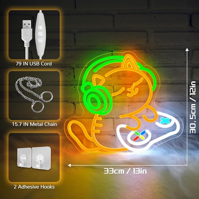 Cat Gaming Neon Sign for Wall Decor, Cute Gamer Cat LED Neon Light with Headphones & Game Controller, USB Powered Dimmable Gaming Room Neon Sign for Bedroom Desk Setup Man Cave Decor - Image 3