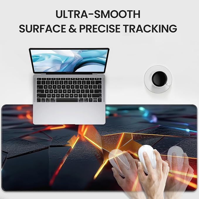 Large Gaming Mouse Pad, Abstract Geometric Orange and Blue Pattern, Extended 35.4 x 15.7 Inches, Non-Slip Rubber Base, Stitched Edges, XXL Desk Mat - Image 4
