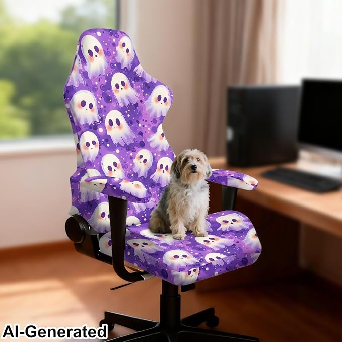 Cartoon Ghost Gaming Chair Covers with Armrest Set of 4 Computer Chair Slipcovers Halloween Rotating Computer Chairs Slipcovers for Holiday Home Club Office Decorations - Image 2
