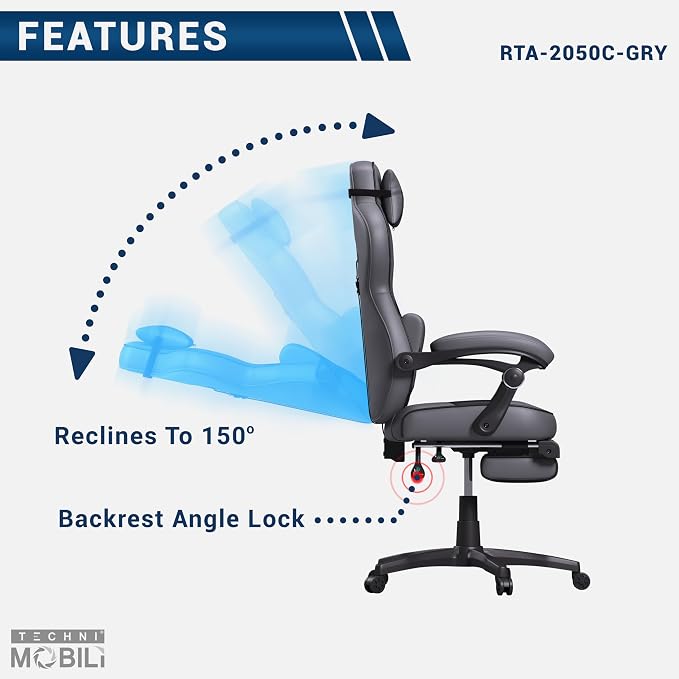 Techni Mobili Executive Gaming Chair with Footrest, 150° Reclining, Grey | PU leather chair, 150 degree recline, footrest, lumbar support, headrest pillow, executive office gaming chair, ergonomic - Image 5