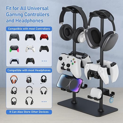 MANMUVIMO Headset Stand Controller Holder for 2 Headset and 8 Controller, Headphone Stand Gaming Controller Holder for PS5 Xbox Airpods Beats Bose, Gaming Room Accessories, Gamer Gifts for Men - Image 2