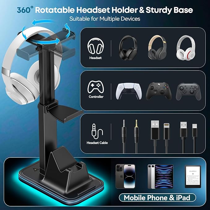 Gaming Headset & Controller Stand, Rotating Headphone Storage with 2 Controllers and Phone Holder, 9‑Color RGB Game Desk Storage for PS5/PS4/XBOX, PC Gamer Essentials Organizer Gift Accessories - Image 2