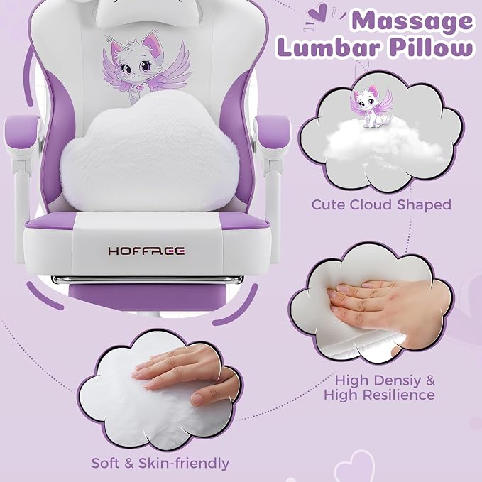 Gaming Chair for Girls Cute Massage Computer Chair with Cat Ears-Purple | Cute Computer Office Chair Ergonomic Reclining Gamer Chair with Footrest Lumbar Support PC Game Chairs for Women Adults - Image 5