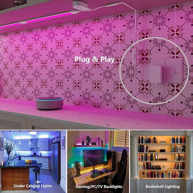Smart Under Cabinet Lighting with Remote,RGB Cabinet Lights,Color Changing LED Strip Lights for PC,Kitchen Under Counter Lighting Plug in,Shelf Lights,LED Light Bar,Work with Alexa,Google,App,6pcs - Image 7