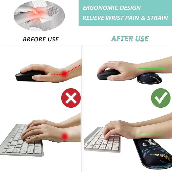 Keyboard Wrist Rest Mouse Wrist Support Set, Memory Foam Wrist Rest Pad for Computer Laptop Keyboard Mouse, Ergonomic Wrist Cushion Support for Typing Pain Relief, Gaming Home Office, Flowers Grass - Image 2