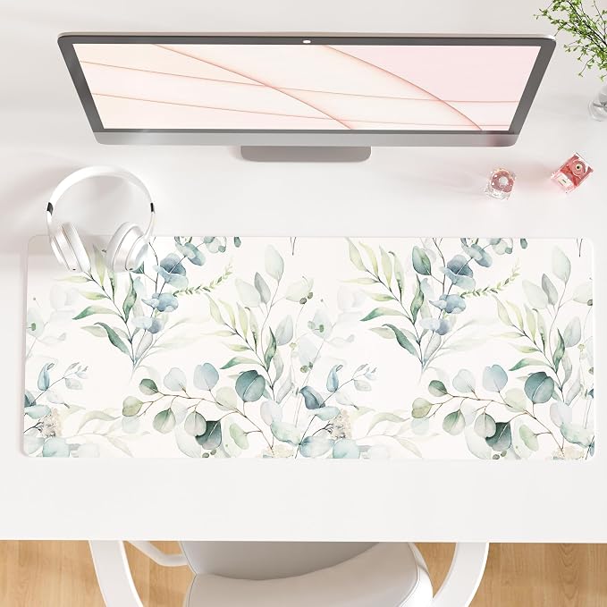 QiyI PU Leather Large Mouse Pad, Office Decor, 31.5" x 11.8", Green Leaves | Desk Décor Accessories, Extended Size, Waterproof & Easy to Clean, Smooth Surface, Non Slip Desk Organization by QIYI
