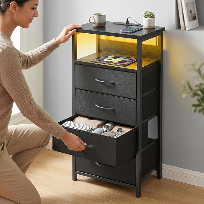 Fixwal Night Stand with Charging Station, Black Led Nightstand, 4 Drawers - Image 6