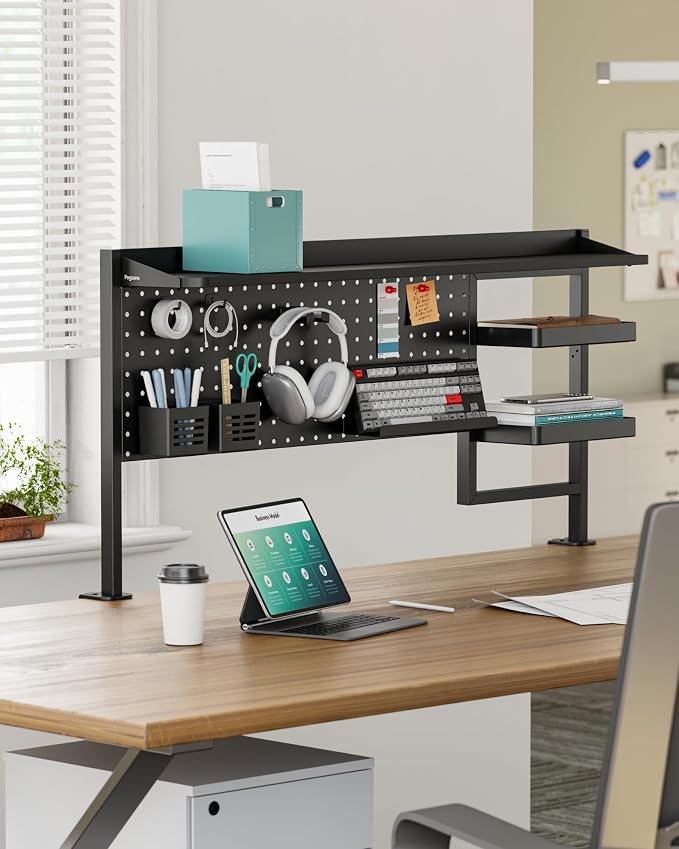 PEGZONE Clamp on Desk Shelf, 44" Desktop Shelving System, Black | with Pegboard and Accessories, Desktop Organizer with 2-Tier Shelf, Desk Pegboard for Office Home Gaming - Image 2