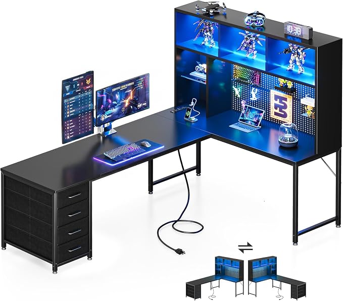 AODK 71" L Shaped Desk for Gaming and Working，Black | PC Desk with Hutch, Pegboard & Shelves, 4 Drawers, Integrated LED Light Strip & Power Outlets, Reversible by AODK