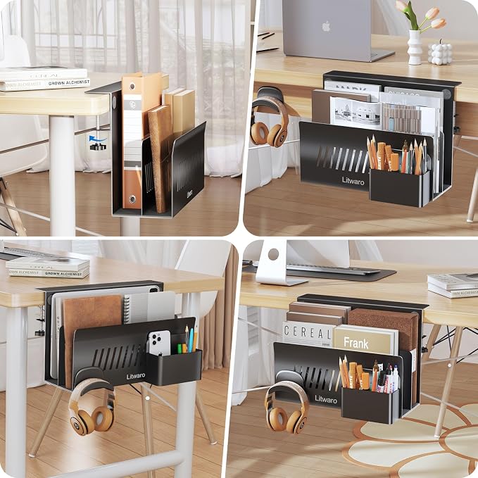 Litwaro Desk Side Storage Organizer, 2 Tier Laptop Holder Clamp on Desk Organizer, No Drill Laptop Mount with Magnetic Pen Holder, Hanging Desk Organizer Fits Flat Edge Table 0.4" to 2.1" (Black) - Image 7