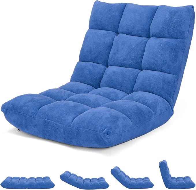 14-Position Lazy Sofa Chair with Soft Coral Fleece, Folding Gaming Chair, Couch Recliner, Floor Seat for Reading, Meditating, Yoga (Blue) by BUYNOW