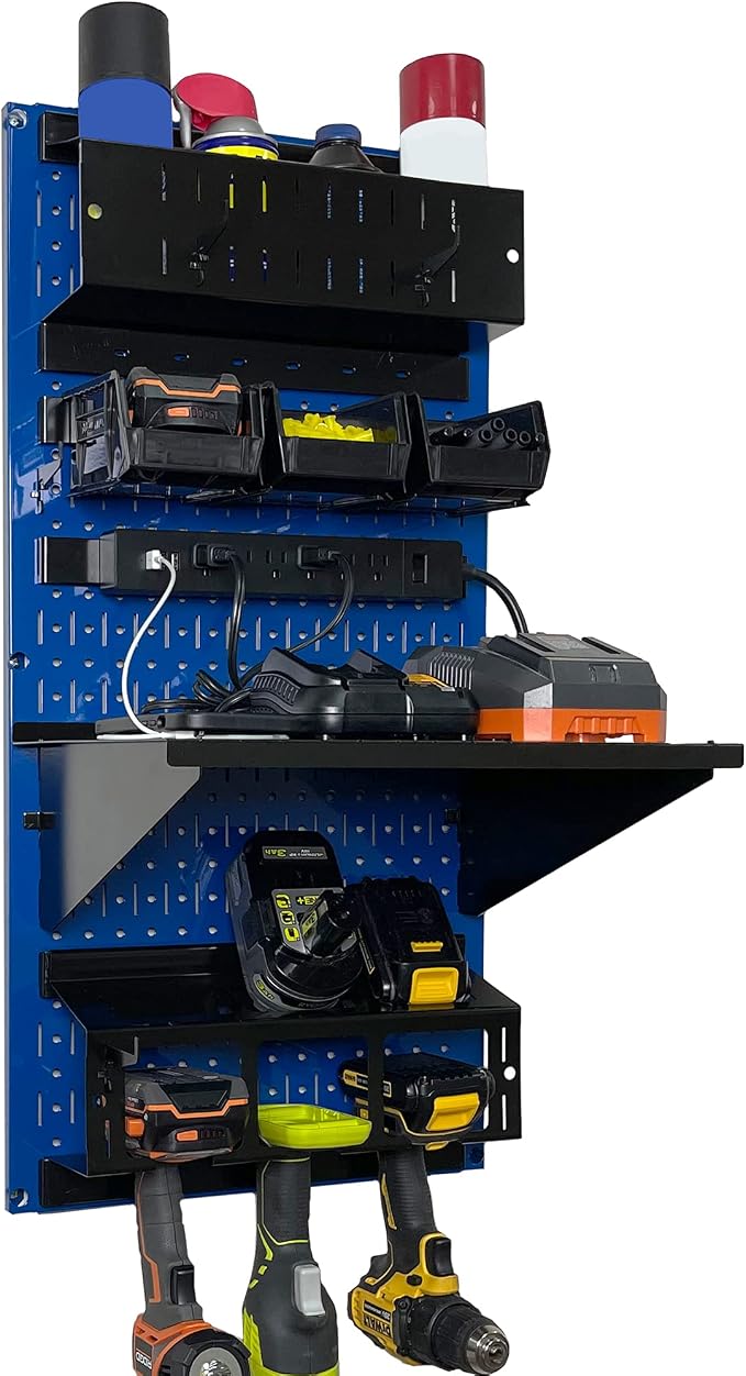 Wall Control Power Tool Storage Organizer Kit Cordless Drill Holder Charging Station Rack 16” x 32” Metal Pegboard Organization System (Blue Pegboard) by Wall+Control