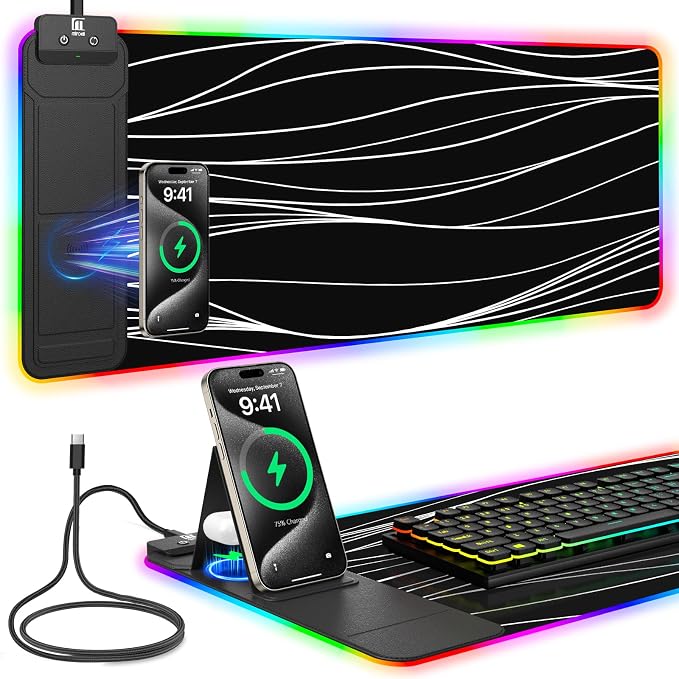 Mouse Pad with Foldable Phone Holder & Wireless Charger, XL RGB Gaming Mousepad 31.5"x11.8" Large Desk Mat for Keyboard, Home Desk Pad with Dual Qi Charging Station | 11 Colors & 5 Modes | Waterproof by miroddi