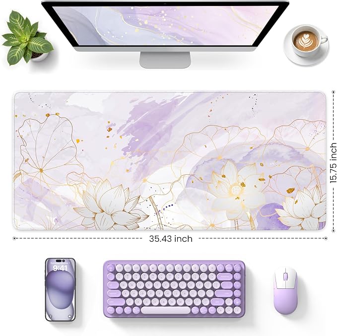 iCasso Desk Cover Mat, Extra Large Lotus Mouse Pad, Purple Lotus Leaf | Desk Pad Mat, Office Matt for Desktop Protector, Anti-Slip XXL Big Mousepad with Stitched Edges for Laptop Computer Keyboard - Image 3