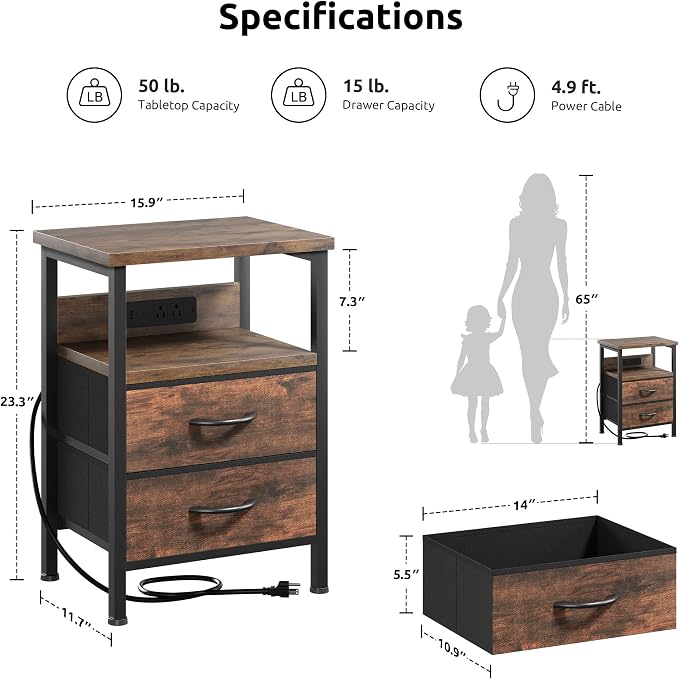 Lazzanto Night Stand with Charger Station for Bedroom, Brown Nightstand - Image 2