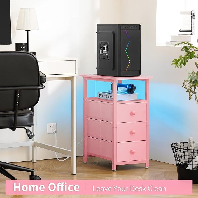 Yoobure End Table with Charging Station, Pink Narrow Nightstand LED Bedside Table, Small Night Stand End Tables Living Room, Skinny Nightstand with 3 Fabric Drawers, Side Table for Small Spaces - Image 7