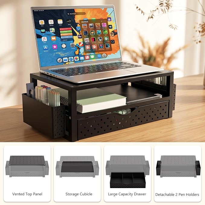 WALI Monitor Stand Riser with Drawer and 2 Pen Holders | Desk Organizers and Accessories for Computer, Printer, Laptop Stand for Home Office Supplies, (PTT004-B), 1 Pack, Black - Image 7