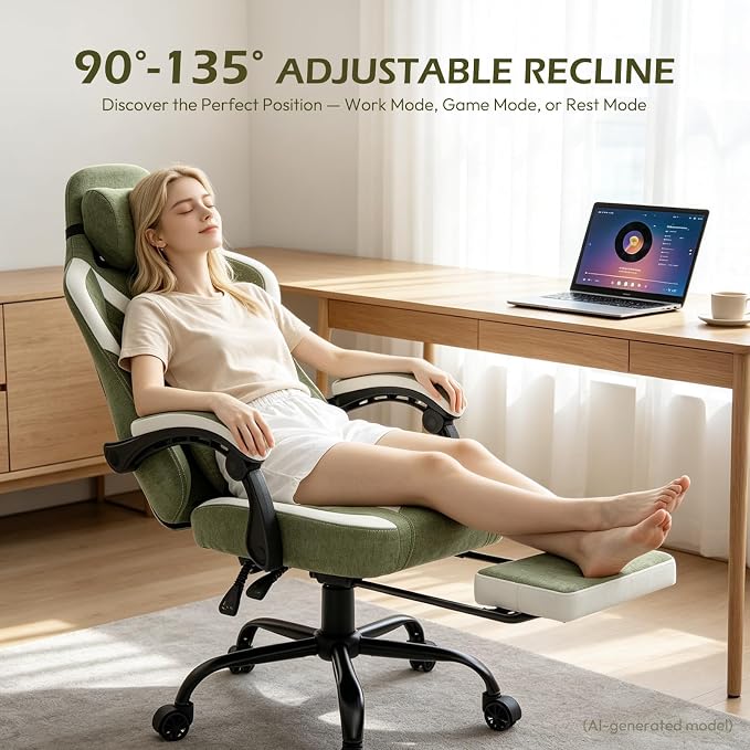 Ergonomic Gaming Chair for Adults - Comfortable Office Computer Chair with 20.5” Wide Seat, Adjustable Video Game Chair with Footrest and Lumbar Support for Home Office, Green - Image 4